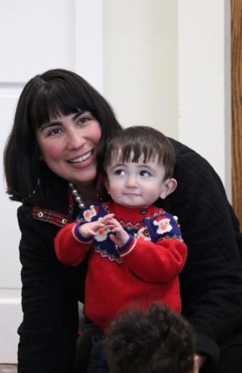 cute child with mom at the library